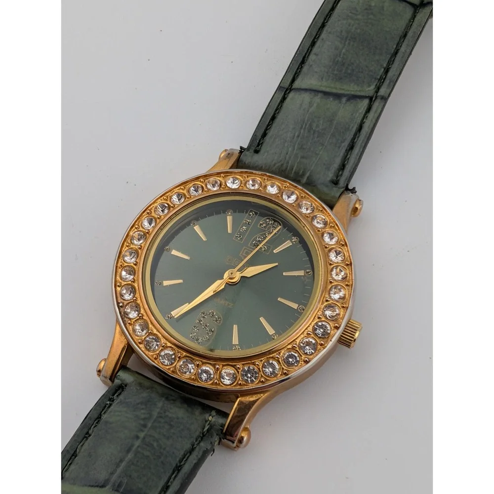 QBOS Limited Edition Watch Gold Case Olive Green Leather Band- New‎ Battery